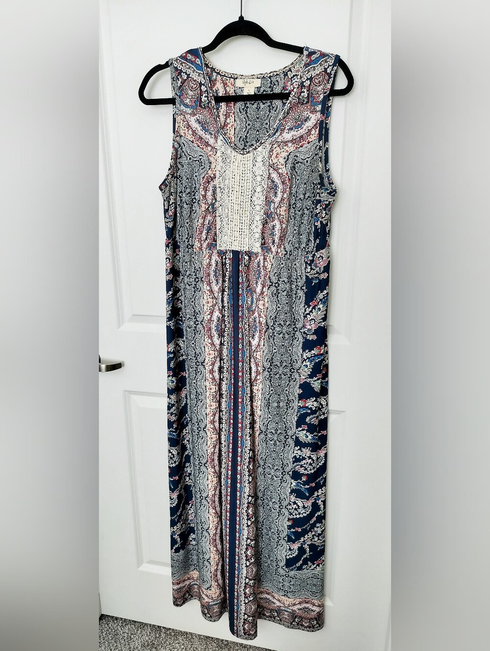 Style & Co Women's L Boho PatchworkPaisley CrochetBibMaxi Dress Blue Cream Pink